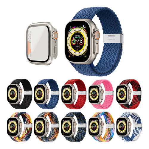 Correa Trenzado Para Apple Watch + Funda Series 9 8 7 6 5 Se Ancho De La Correa 45 Mm Color Azul Titanio