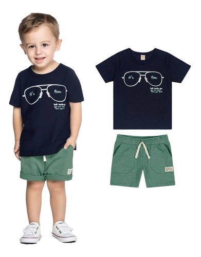 Conjunto Infantil Menino Óculos Short + Camiseta Tam 1 Ao 3