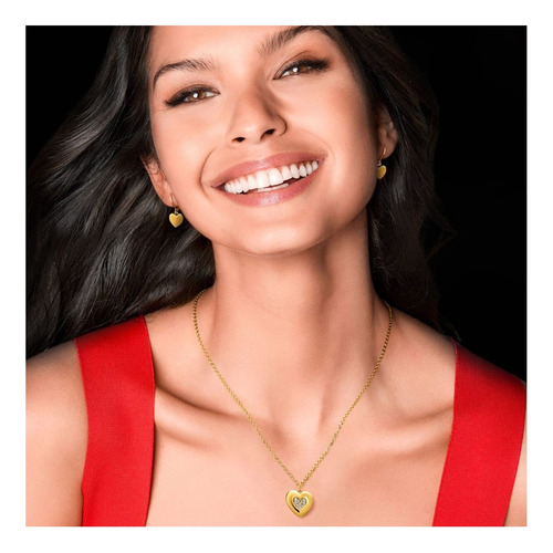 Hermoso Collar Más Aretes Dije Corazón Con Cristales Ésika