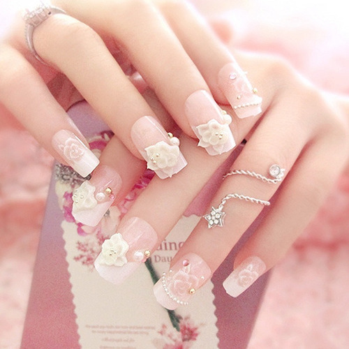 Unhas Postiças Pérolas Brancas E Rosas Para As Mãos Curtas Unha Postiça