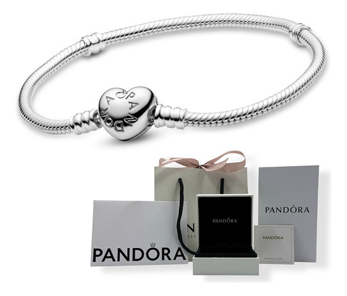 Brazalete Pandora Cadena De Serpiente, Broche De Corazón, Og Plateado 16 Cm