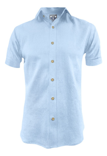 Camisa En Lino Azul Claro Casual Manga Corta Slim Fit Hombre