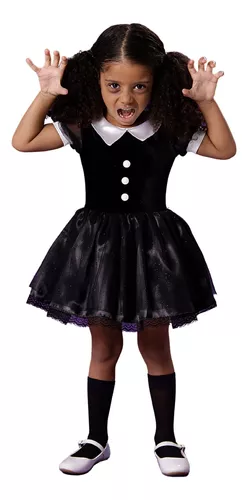 Fantasia Wandinha Infantil de Luxo com brilhos para Halloween