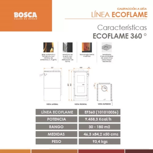 Salamandra Bosca Eco Flame 360 Estufa Leña 180m2 Kcal 9.500
