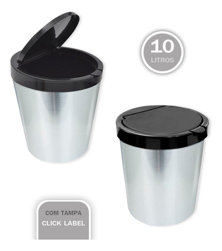 Lixeira 10 Litros Cesto De Lixo Tampa Click Label Prata Inox