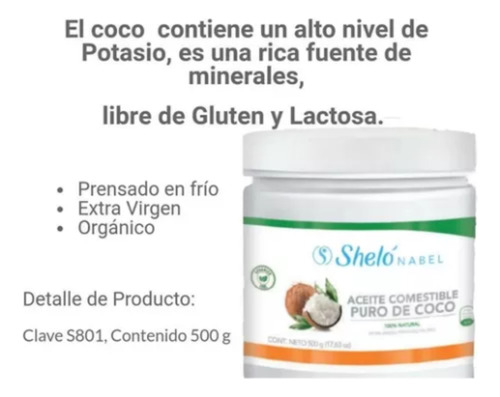 Aceite De Coco Comestible Extravirgen Sheló Nabel S801 500g