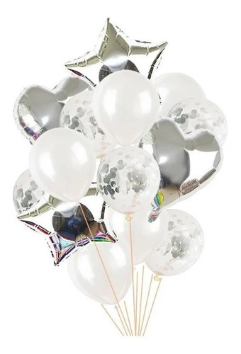 Balão Bexiga Metalizado 10 Peças Estrela Coração Prata