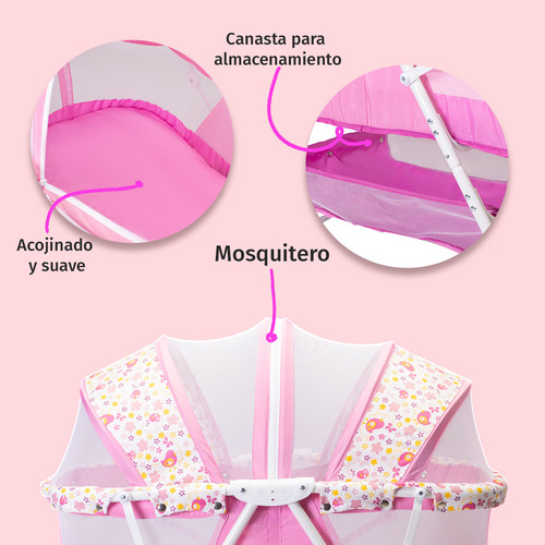 Cuna Moisés Para Bebé Aeiou P759 Bambineto Plegable Con Base Color Rosa