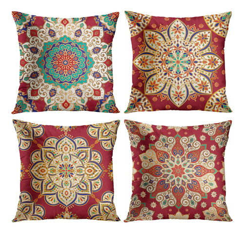 Britime Juego 4 Funda Almohada Diseño Mandala Rojo Flor 18 X