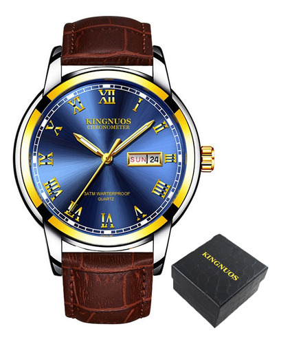 Reloj Casual De Cuero Kingnuos Luminous Calendar Color De La Correa Marrón Color Del Fondo Azul