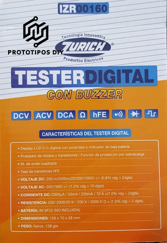 Imagen 3 de 4 de Tester Digital Multimetro Zurich Izr00160 + Puntas -pdiy-