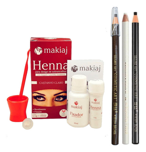 Kit Henna Sobrancelha Profissional Makiaj Lapis Preto Branco Cor Castanho Claro