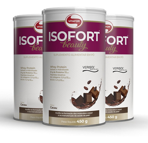 Kit 3 Isofort Beauty Whey Protein Iso Vitafor 450g Cacau