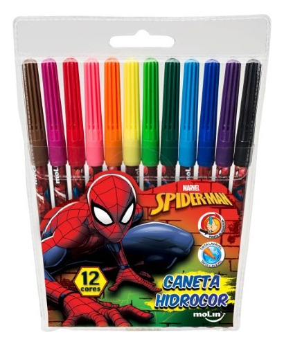 Caneta Hidrocor Canetinha Spider-man 12 Cores Molin Aranha