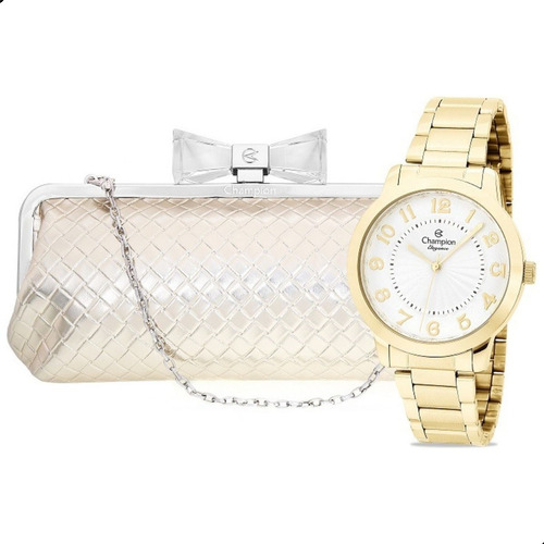 Relógio Feminino Champion Dourado Barato + Bolsa Clutch 