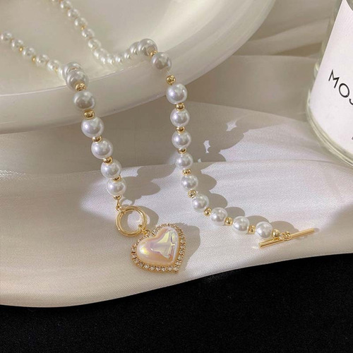 C Charmosa Gargantilha Pérolas Coração Com Glitter Moda