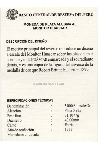Moneda De Plata 0,925 Del Monitor Huáscar 1979, 40mm. U N C
