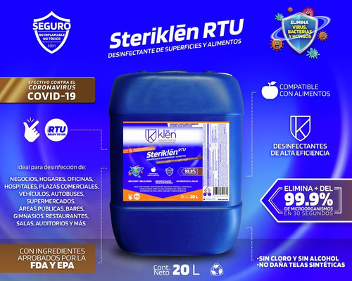 Imagen 3 de 9 de Sanitizador Líquido, Sanitizante Desinfectante 20l Steriklen