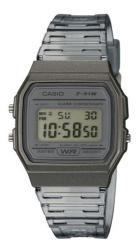 Imagen 1 de 1 de Reloj de pulsera Casio Collection F-91 de cuerpo color gris, digital, fondo gris, con correa de resina color transparente y gris, dial negro, minutero/segundero negro, bisel color gris y hebilla simple