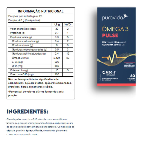 Ômega Pulse Epa Dha Coenzima Q10 60 Cápsulas Pura Vida