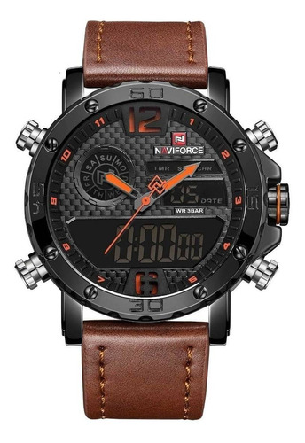 Reloj pulsera Naviforce NF9134 con correa de cuero color marrón - fondo negro