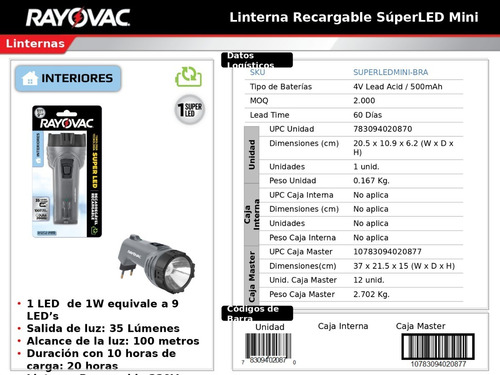 Imagem 3 de 4 de Lanterna Recarregável Super Led Mini Rayovac Bivolt 1w 35lm