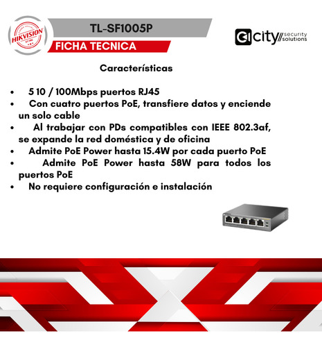 Switch Poe 5 Puertos 10/100 Mbps, 4 Puertos Poe, 58w Tp Link
