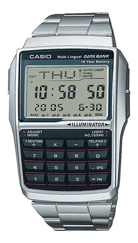 Relógio de pulso Casio Data Bank DBC-32 com corpo prateado,  digital, para masculino, fundo  azul, com correia de aço inoxidável cor prateado, subdials de cor preto, ponteiro de minutos/segundos preto