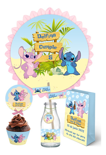 Kit Imprimible Stitch Y Angel + Banner Circular Fondo Mesa