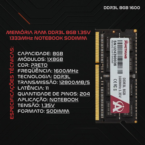 Memória Ram Notebook 8gb Ddr3 Pc3l 1600mhz 1.35v Sodimm Gamer Cl11 Pc3 12800 Angt