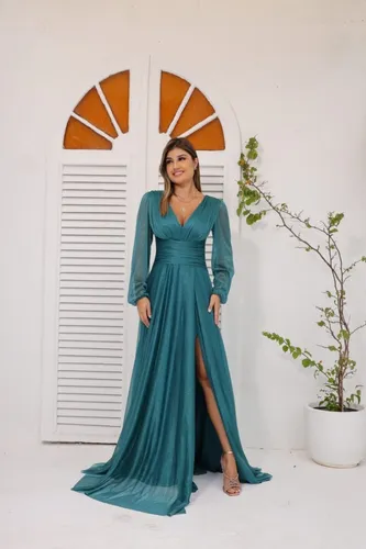 Vestido Festa Madrinha Formatura Manga Longa Luxo Brilho Vt
