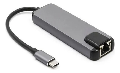 Adaptador conversor Rj45 5 en 1 tipo C X USB 3.0 4k Hdmi Lan color gris