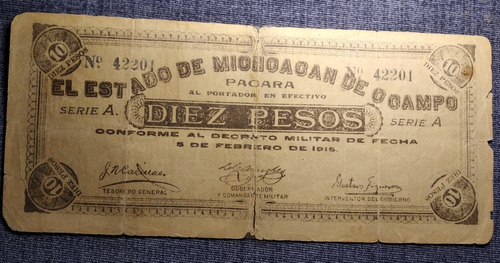 Billete 10 Pesos El Estado De Michoacán De Ocampo 1914.