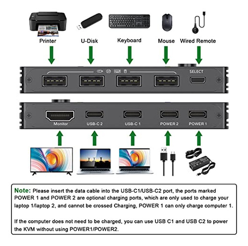 Conmutador Kvm Usb Tipo C 4k @60hz, Interruptor Usb C Mleeda