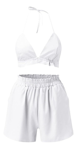 Conjunto De 3 Piezas Ropa De Playa, Short Camisón Y Top Blanco Lisa 2xg
