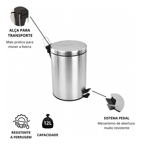 Lixeira Inox 12l Com Pedal +balde Interno Cozinha Banheiro Cinza