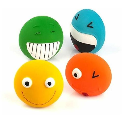 Chiwava 4 Pack 3.2'' Latex Squeaky Dog Toy Smiley Face Balls