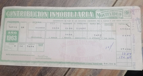 Antiguo Recibo Contribución Inmobiliaria Montevideo 1963