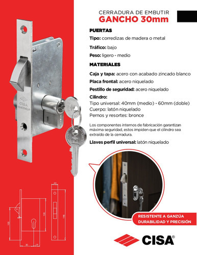 Cerradura Chapa Puerta Corrediza Embutir Cisa Picolo M 30mm Color Negro