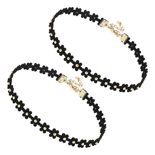 2 Gargantillas Elegantes De Flores Negras Collares Cortas Co