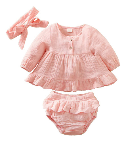 Conjunto Rosa De 3 Piezas De Algodón Con Diadema Para Bebé