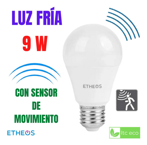 Imagen 1 de 9 de Lampara Foco Led 9w Luz Fria Sensor Movimiento Fotocel220v