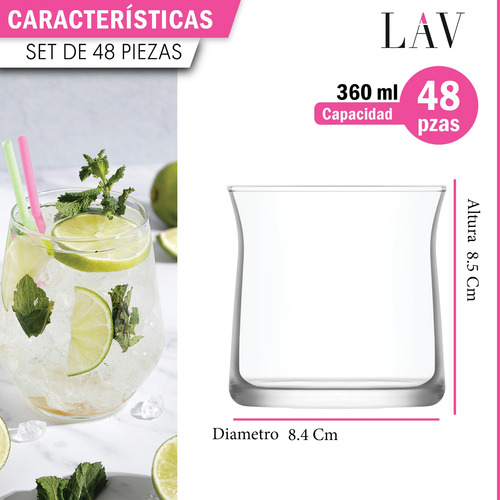 Caja 48 Piezas Vaso Dof Lav De Vidrio Vera 12 1/4 Oz 360 Ml Cristalino