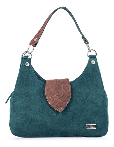 Bolso De Piel Y Gamuza Con Faja Piel Grabada Artesanal Bolsa Color Verde Diseño de la tela Irma verde grabado