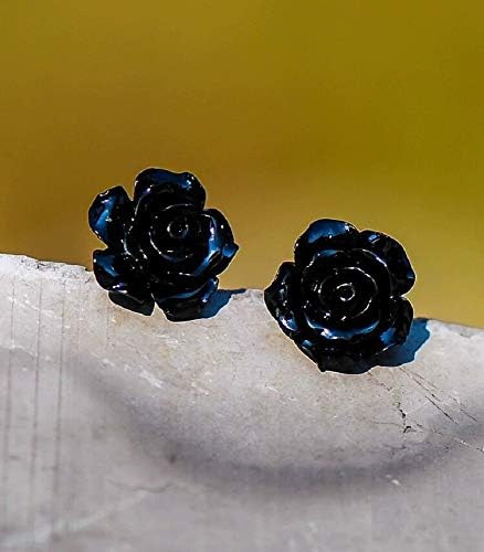 Pendiente De Flor De Rosa Chapado En Plata Cristal Azul Negr