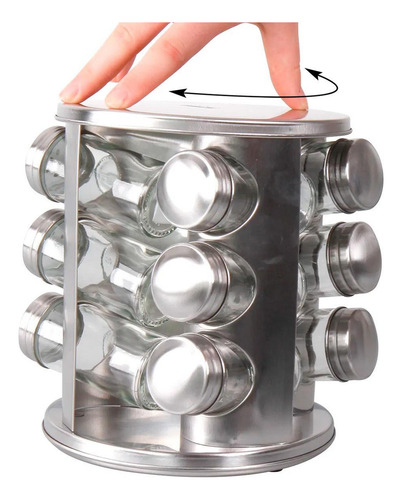 Porta-temperos Higa Giratório De Aço Inoxidável Prateado Om Capacidade Para 12 Unidades, Inclui 12 Potes