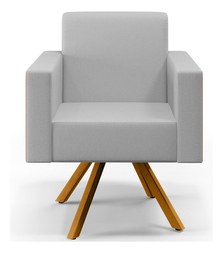 Poltrona Decorativa Base Giratória de Madeira Helô L02 Linho Cinza Couríssimo Camel
