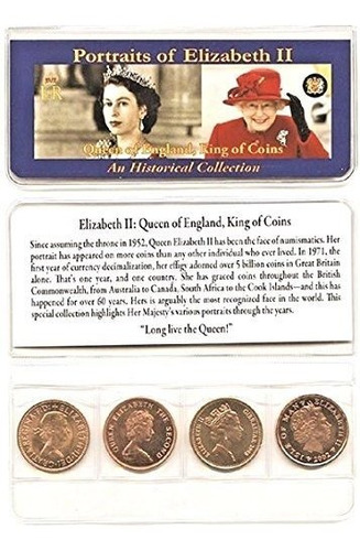 Queen Elizabeth Ii 4 Coin Set, Circular, Con Soporte ,.