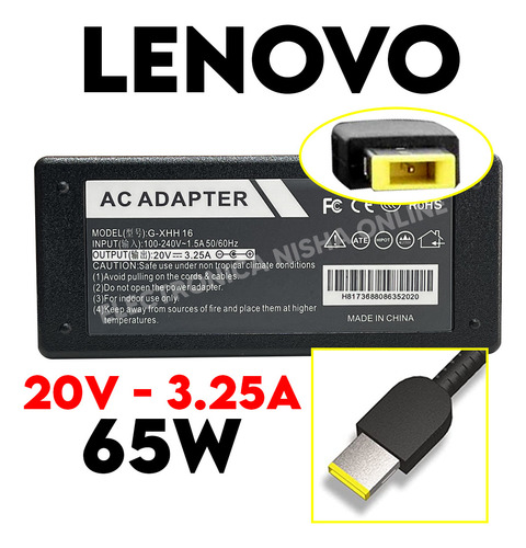Cargador Genérico Lenovo 20v 65w 3.25a Rectangular