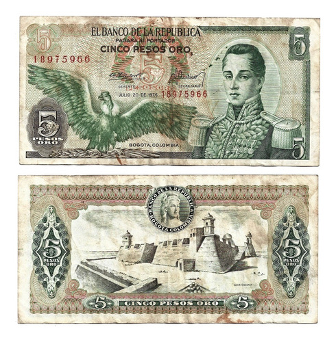 Billete Colombia 5 Pesos Oro 1976 José María Córdoba (Usado)